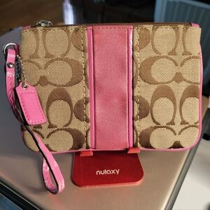 Coach Signature Pink and Tan Canvas Wristlet